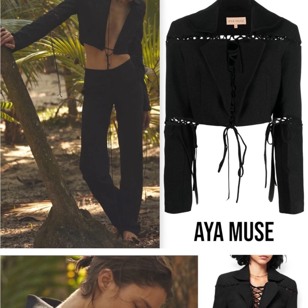 NEW Aya Muse Sycamore Cropped Blazer Jacket Cut Out Tie Black